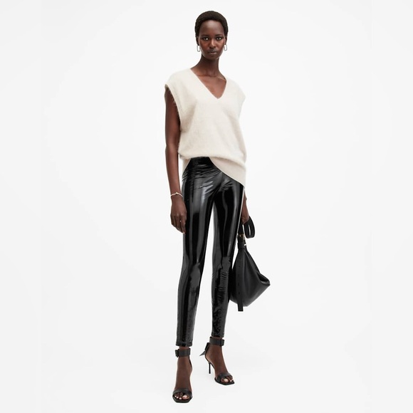 NWT All Saints Cora Shine High Waist Faux Leather Leggings in Black - Picture 1 of 7